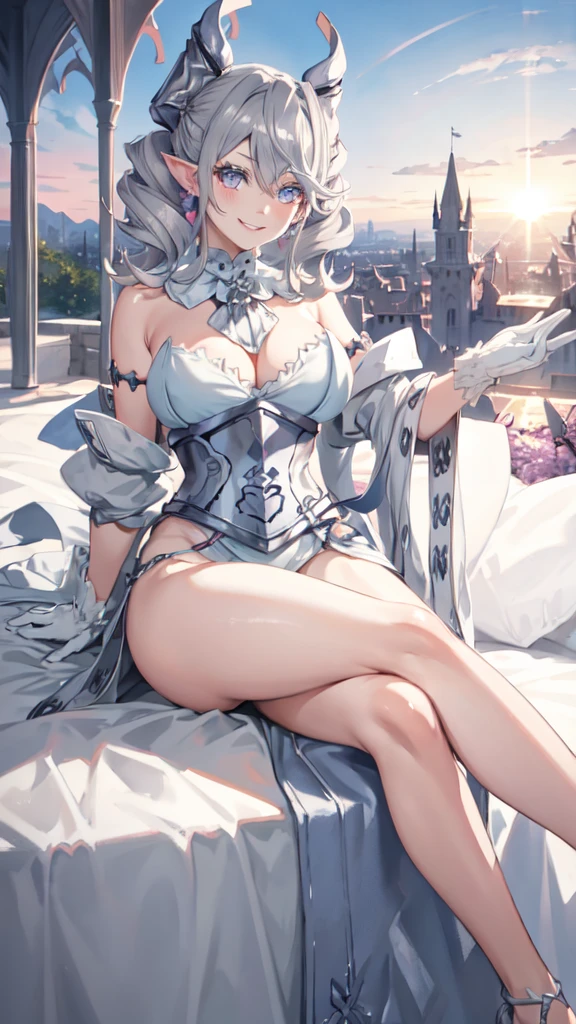 Beautiful arts wallpaper Sunset Outside castle top  High level image quality　best image quality　8K　 adult woman   silver castle outside  more colors   whole body view　portrait　 bikini blue   　horn    ears  　short hair（（shortcut）（gray hair）（perm）（fluffy））　eye color is blue ,  , 　attractive evil face , smile   ,  heroic stance   ,  labrynth ,  barearm  ,gloves   , wearing pink   , sitting , 