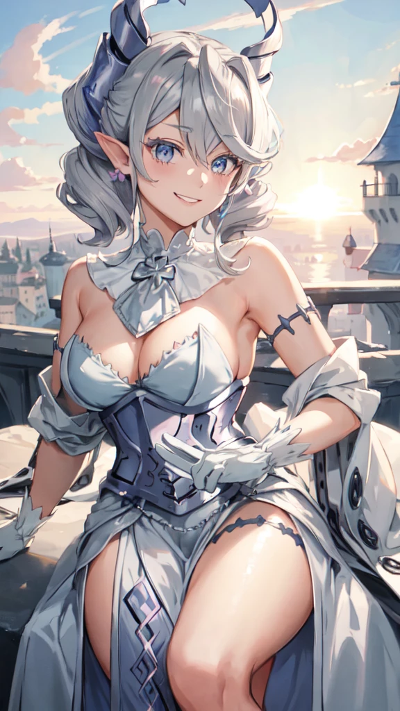 Beautiful arts wallpaper Sunset Outside castle top High level image quality best image quality 8K adult woman silver castle outside more colors whole body view portrait bikini blue horn ears short hair((shortcut)(gray hair)(perm)(fluffy)) eye color is blue , , attractive evil face , smile , heroic stance , labrynth , barearm ,gloves , wearing pink , sitting ,
