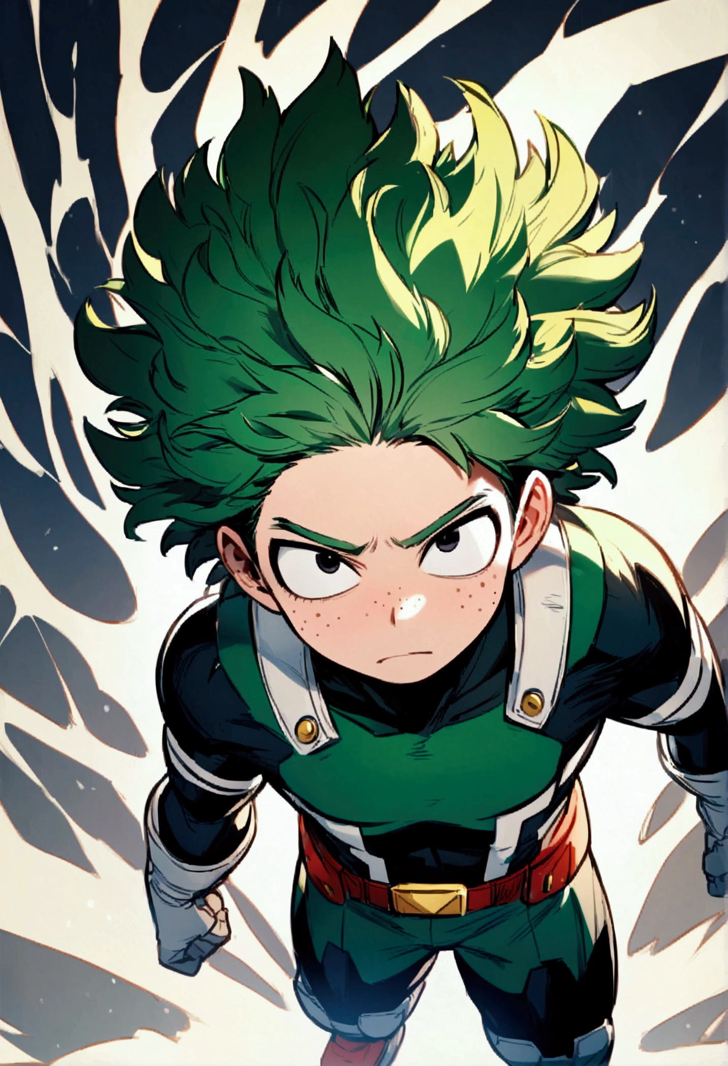 My hero academia, boy with curly green hair, black eyes and freckles