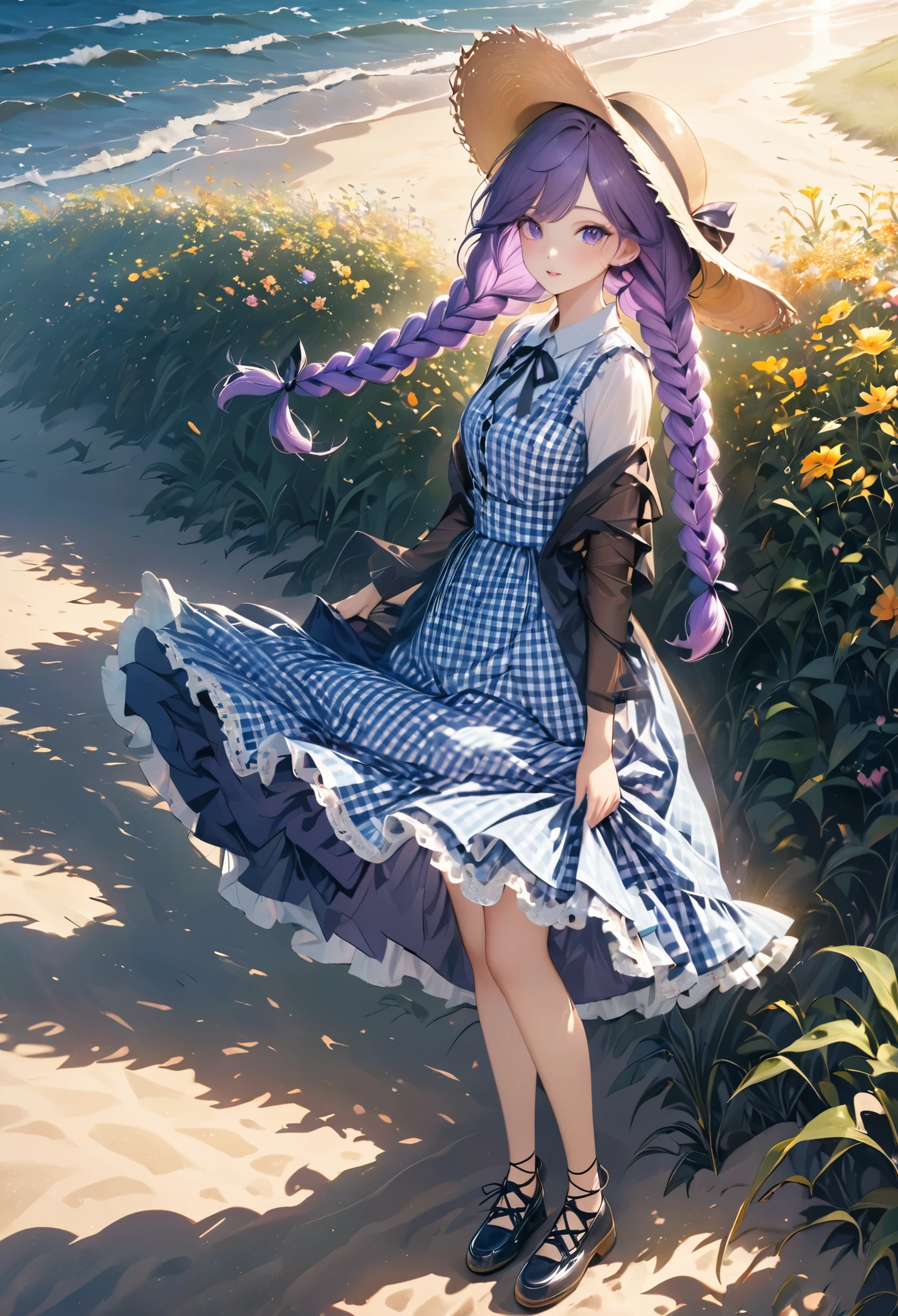 masterpiece, Super detailed, 8K Portrait, RAW Photos, Portrait of, Highly detailed face, Beautiful and detailed eyes, ((twin braids)), purple hair, very long hair, multicolored hair, (((gingham check dress))), (((woman))), ((ribbon)) expensive, Wavy long hair, Kind Face, (((ruffled skirt))), ((sunlight)), sandy beach, (((lace-up shoes))) Fluttering in the wind, (((straw hat))), flowers, (Wood Shadow), Midday Sun, Ultra-realistic, full body, Long legs, Ambient Lighting, Shadow Details, Camera focus on face, Strong winds, earrings, white color hair, braid, twintail, Flower Field