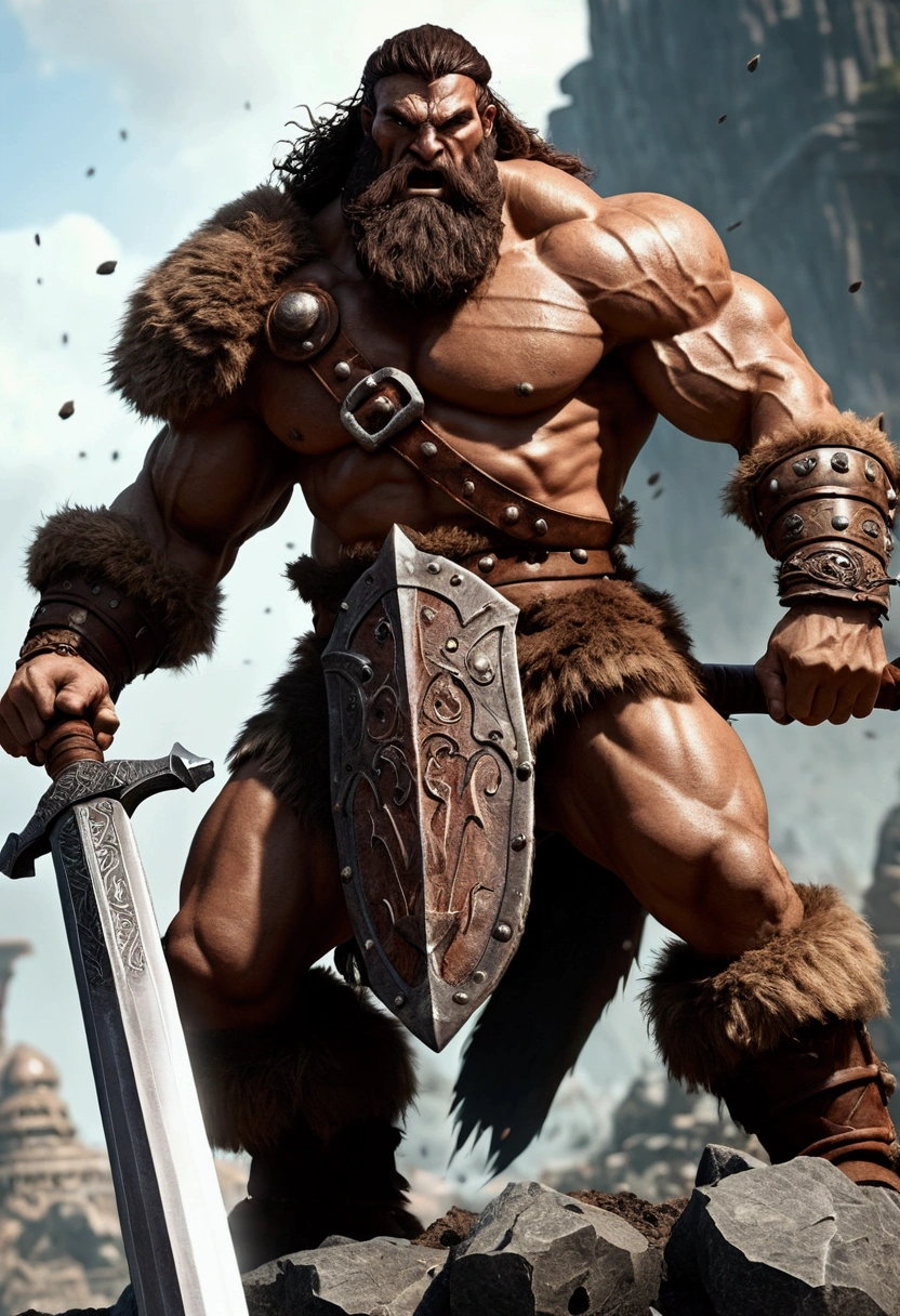 Giant barbarian warrior holding big sword that touches the ground