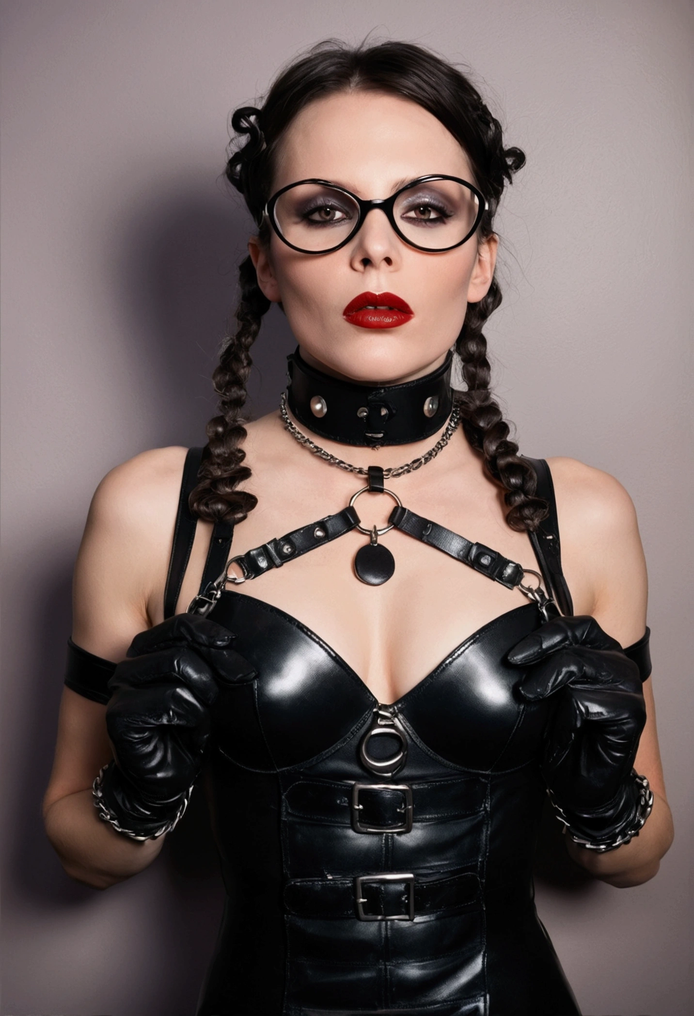 A polaroid shot of an intelligent 35-year-old dominant brunette with disheveled hair, a very thin face, pale white skin, very high cheekbones, large full lips, the largest lips, small glasses, deep mouth, dark plump glossy lips, very bright makeup. Very thin. Naked sexy model. in bdsm style. Wearing in leather gloves. A magnificent hairstyle. Shiny steel bracelets on top of black gloves. and Shiny steel bracelet necklaces are on her wrists. On her head, face and mouth, she has a leather harness. Leather garters on his feet. Full body. standing with both hands on lips for a photo shoot. A sexy pose. ballgag, gagged, gag, restrained, tied up, Red thick smoke in the background.