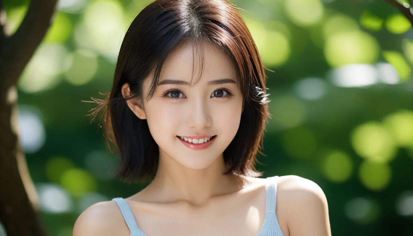 8k, Ultra-high resolution, Highest quality, masterpiece, 三分割法によるphotograph,Surreal, photograph, 1 Girl, (16 years old:1.3), pretty girl, Cute Face, Beautiful eyes in every detail, 細かくdetailedに,masterpiece,One Girl:1.2, Japan Female Announcer,extream close up,smile,Black Hair,Messy hair,street tree,Urban area,Young Wife,healthy,Summer knitwear,Décolletage,Natural Makeup,Beautiful clavicle,Realistic Skin, Perfect and beautiful face ,完璧でCute Face, Skin with attention to detail, Perfect limbs、Narrow waist、Thin legs),Looking at the audience、beauty,Long neck、(((Ideal body type))),A cup small breasts :2,Portraiture:2,Perfect Anatomy,鮮明なdetailed,detailed,Surreal,Light and shadow,dappled sunlight