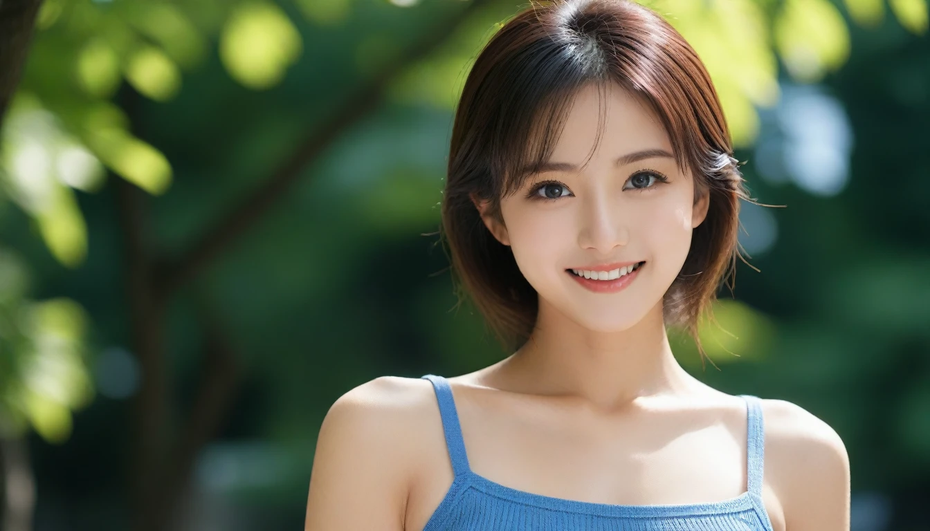 8k, Ultra-high resolution, Highest quality, masterpiece, 三分割法によるphotograph,Surreal, photograph, 1 Girl, (:1.3), pretty girl, Cute Face, Beautiful eyes in every detail, 細かくdetailedに,masterpiece,One Girl:1.2, Japan Female Announcer,extream close up,smile,Black Hair,Messy hair,street tree,Urban area,Young Wife,healthy,Summer knitwear,Décolletage,Natural Makeup,Beautiful clavicle,Realistic Skin, Perfect and beautiful face ,完璧でCute Face, Skin with attention to detail, Perfect limbs、Narrow waist、Thin legs),Looking at the audience、beauty,Long neck、(((Ideal body type))),A cup small breasts :2,Portraiture:2,Perfect Anatomy,鮮明なdetailed,detailed,Surreal,Light and shadow,dappled sunlight