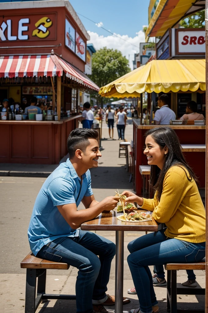 A young couple eating tacos in front of a stand, which is in the foreground, as if one were looking at it from the front. They are both sitting on benches eating at the bar of the street stall., They both look at each other with a smile