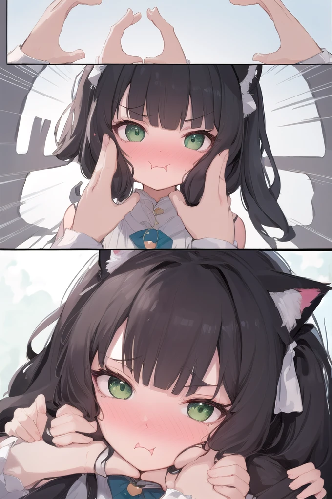 (masterpiece, highres, best quality:1.2), IncrsSnootChallenge, comic, 3koma, ADDBASE :o , karyl, low twintails, cat ears, hair bow, bangs, green eyes BREAK smiling, excited, karyl, low twintails, cat ears, hair bow, bangs, green eyes, BREAK (pov hands:1.4),(puffy cheeks, pout, pouting:1.3), (blush:1.2), mad, karyl, low twintails, cat ears, hair bow, bangs, green eyes, bare shoulders, brooch, hands on another's face