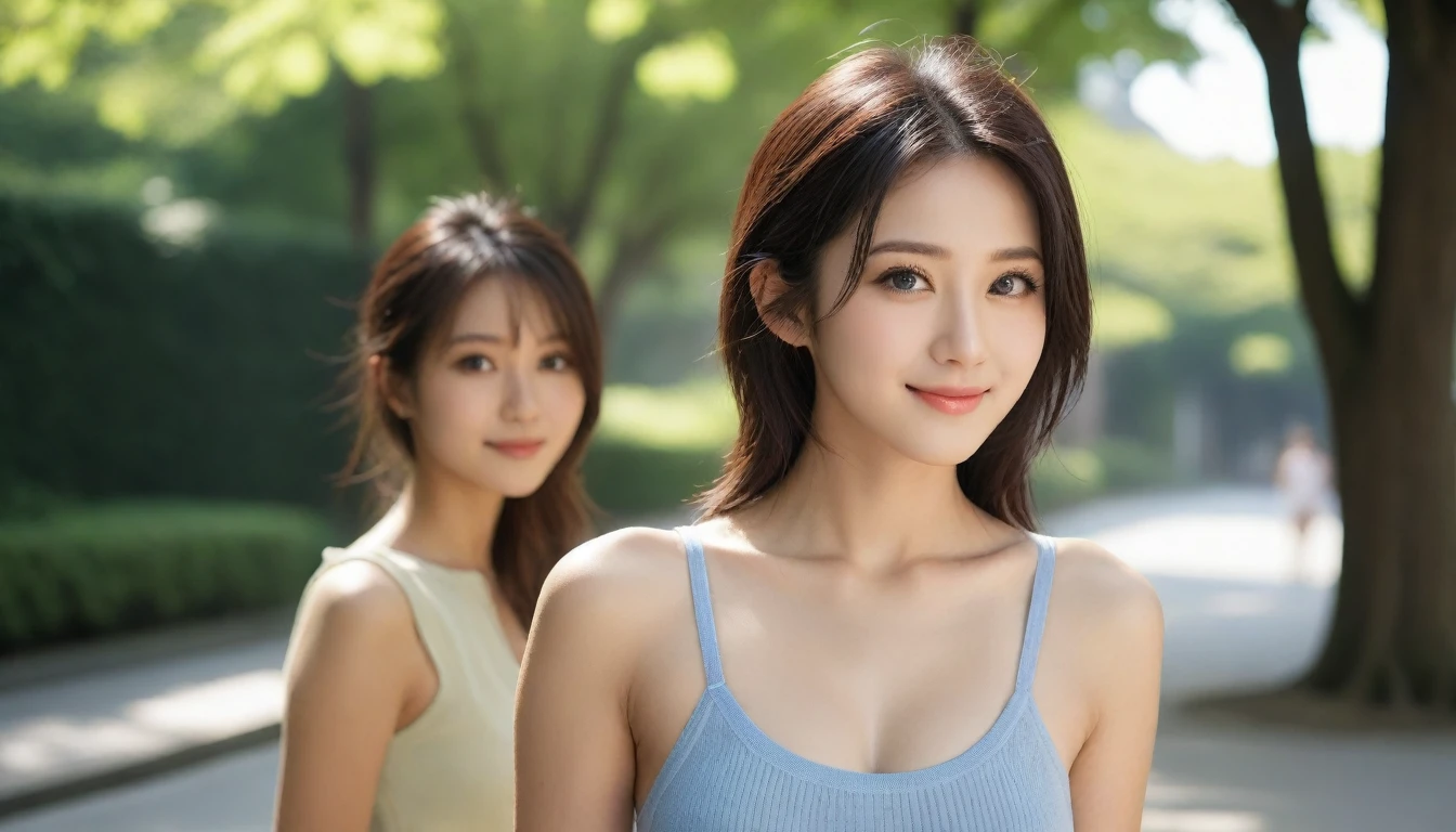 8k, Ultra-high resolution, Highest quality, masterpiece, 三分割法によるphotograph,Surreal, photograph, 1 Girl, (:1.3), pretty girl, Cute Face, Beautiful eyes in every detail, 細かくdetailedに,masterpiece,One Girl:1.2, Japan Female Announcer,extream close up,smile,Black Hair,Messy hair,street tree,Urban area,Young Wife,healthy,Summer knitwear,Décolletage,Natural Makeup,Beautiful clavicle,Realistic Skin, Perfect and beautiful face ,完璧でCute Face, Skin with attention to detail, Perfect limbs、Narrow waist、Thin legs),Looking at the audience、beauty,Long neck、(((Ideal body type))),A cup small breasts :2,Portraiture:2,Perfect Anatomy,鮮明なdetailed,detailed,Surreal,Light and shadow,dappled sunlight