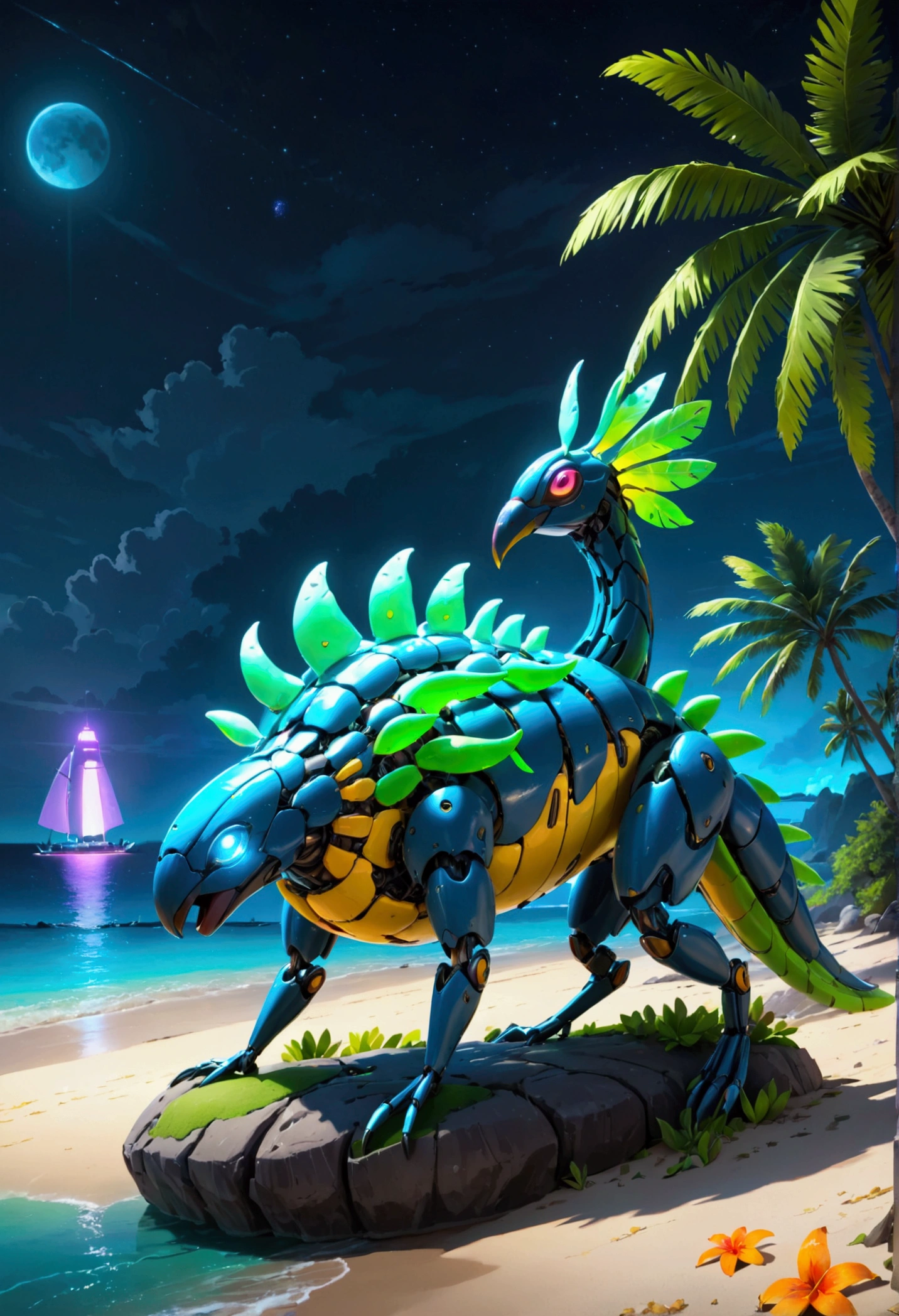 a tropical island, neon glow, bio-mechanical animals, bioluminescent fruits, island at night, coastal view, cinematic lighting, vibrant colors, futuristic, concept art, ultra-detailed, 8k, photorealistic, professional, masterpiece