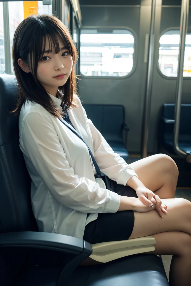 High-resolution images, Browsing Caution、Atmospheric perspective, 8k, Very detailed, Accurate, Highest quality, 1 girl, alone, Detailed fingers、Detailed eyes、Big Breasts、Huge breasts, Grinning smile、Looking at the audience, (Looking at the audience,:1.5), Brown Hair, Very short hair、On the train at night、Brown eyes, parted lips, underwear, panties,Student Bag、 (Japanese School Uniform), (Navy Blue Skirt), (Squatting on a train seat:1.5), underwear, panties, parted lips, lips, M-shaped legs、(Navy blue pleated skirt), Full Body Shot, (((Spread your legs, Place one foot on the seat、Fingers pinching the skirt with both hands))), showing sexy white panties:1.5), Realistic , (white, Collared shirt, Ribbon tie),(Show your crotch to the viewers:1.5), (thin fabric panties、Do not expose your upper body:1.5), (Turn your body towards the viewer:1.5) , (Photographed from the front:1.5),Taken from a distance、(( Japanese girl, Brown Hairのショートボブ、Loafer shoes、Short socks))
