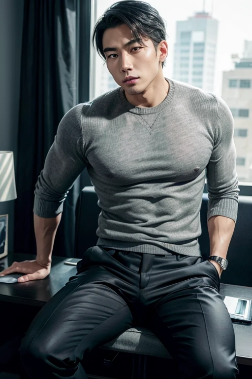 Asian man, handsome, company CEO, in his office, plain navy sweater dress, dress gray pants, black silk stockings and black shiny shoes, seated, with legs open, with a bulge in his pants in the crotch, looking seductively, in a white light, sexy, touching his bulge, calling you and in a sexy pose