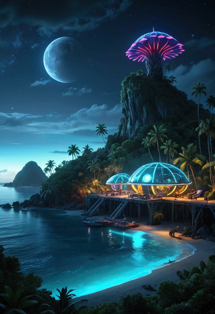 a tropical island, neon glow, bio-mechanical animals, bioluminescent fruits, island at night, coastal view, cinematic lighting, vibrant colors, futuristic, concept art, ultra-detailed, 8k, photorealistic, professional, masterpiece