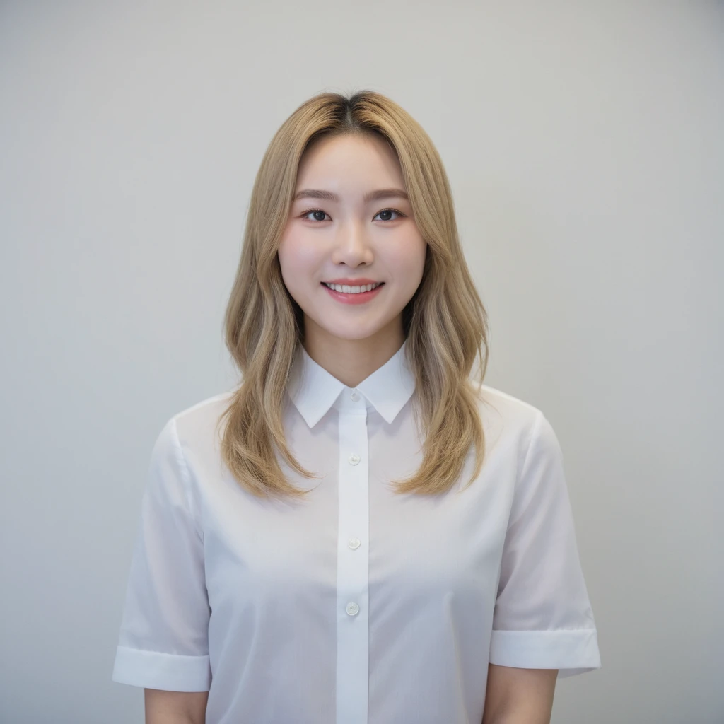 Best Quality, 8k, Masterpiece, (Portrait: 1.3), (photo realistic:1.4), (hyper realistic:1.4), Sharp Focus, looking at viewer, (smoother lighting:1.1), (increase cinematic lighting quality:0.9), realistic lighting, backlighting, light on face, ray trace, (brightening light:1.2), (Increase quality:1.4), sharp detail, (best quality real texture skin:1.4), finely detailed eyes, black_eyes, finely detailed face, 25 year old Korean woman, (white formal_shirt:1.4), (Create an image maintaining the original base model hairstyle:1.5),smiling_face