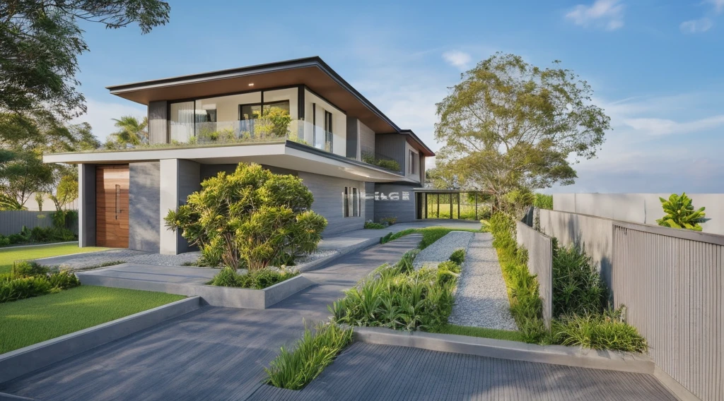 a modern house, grass fence, lawn, dark gray and coated wall material, Thai roof, strong modern style, blue sky, warm yellow light from inside, daylight day, feeling youthful