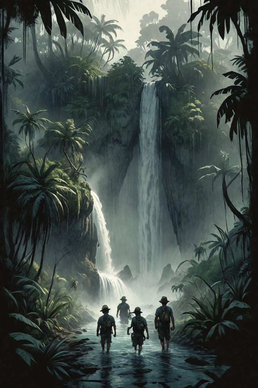 mysterious island, cinematic, image within image, multiple exposure, showcase island, over the shoulder, traversing path, tropical, rewilding, entropy, gritty, noir, 1990s, hand drawn, realism, traveling through jungle, waterfall, sense of adventure and danger, rough expressive sketch style,