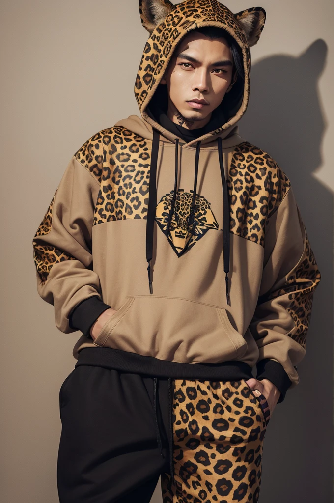 An anthropomorphic leopard with tribal tattoos wearing a black hoodie and beige pants