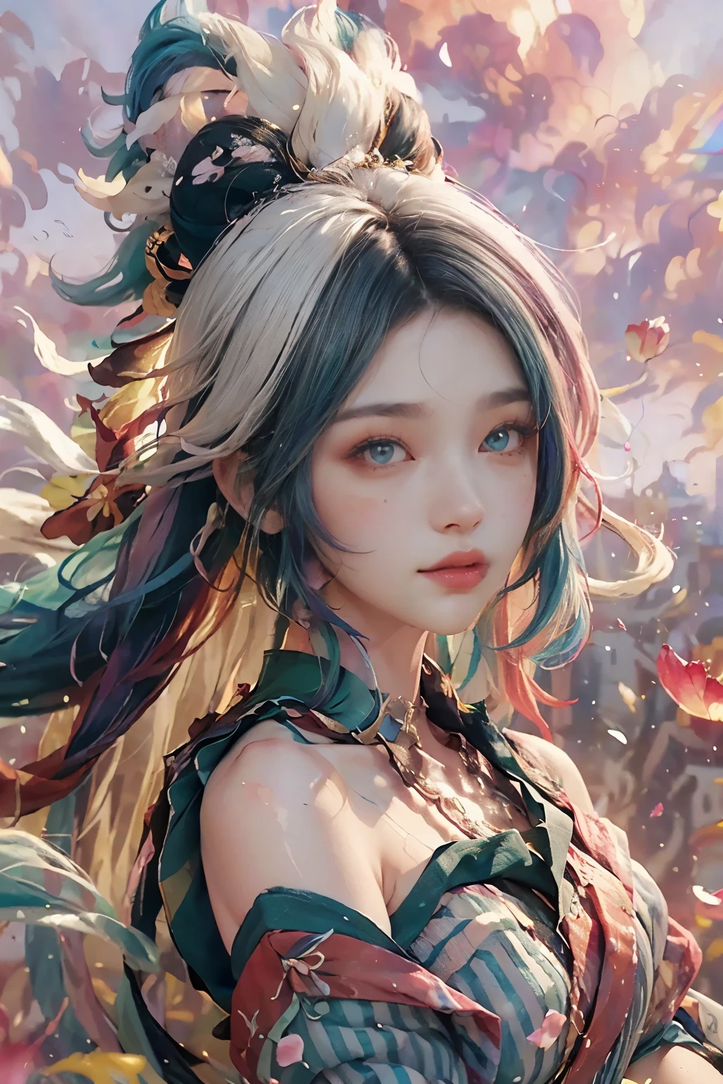 (rainbow hair: 1.6), (solo:1.8), (elegant: 1.2), gorgeous, long hair, wind, (elegant: 1.3), (petals: 1.4), ((masterpiece))), ((best quality)), (ultra-detailed), (illustration), (dynamic angle), ((floating), (paint), ((loose hair)), (solo), (1girl), ( ( ( (detailed anima face)))), ((beautiful detailed face)), collar, bare shoulders, white hair, ((colored hair)), ((striped hair)), beautiful detailed eyes, ((gradient eyes), (colored eyes))), (white cloud background))), (high saturation))), ((surrounded by colorful splashes))