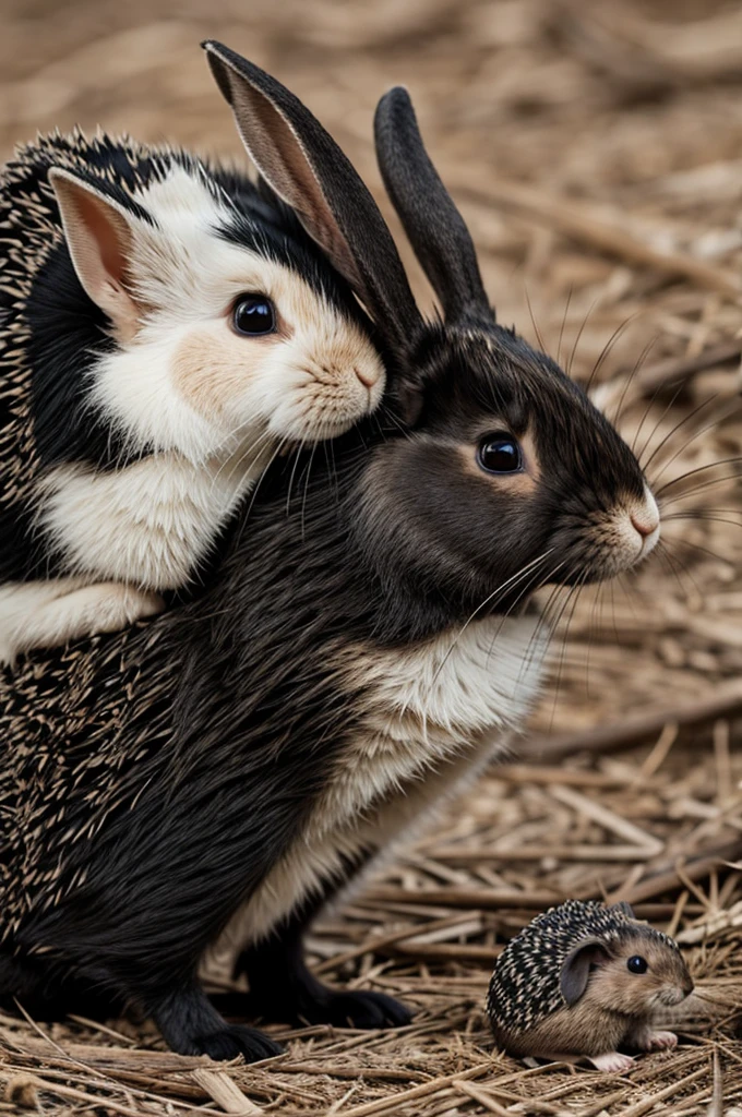 A rabbit kissing a black hedgehog