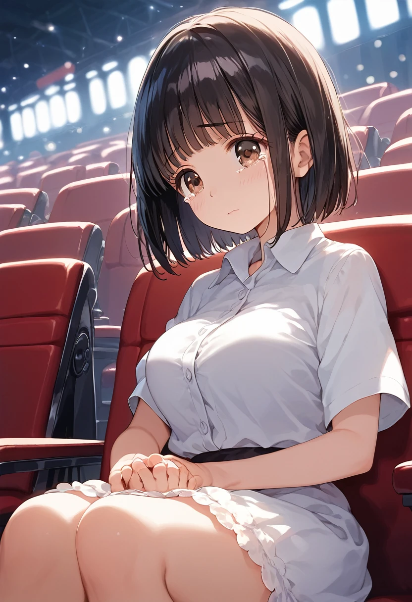 score_9,score_8_up,score_7_up,masterpiece,best quality, source anime, official art, super detailed, extreme detailed, rating_safe,
1girl, sitting on seat, watching a movie, clenched hands, own hands together, upper body, not facing the camera,
BREAK girl, 22yo, short hair, bob cut, (blunt bangs), black hair, (tareme, detailed cute brown eyes), curled eyelashes, (large breasts:0.9), 
shiny hair, beautiful detailed eyes, beautiful face,
white collared shirt, black tight mini skirt,  
sad, crying, 
movie theater,  (darkness:1.3), 