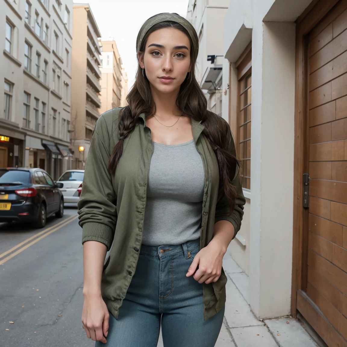 Extremely busty thin and toned brunette photographer, college girl, fair skin, loose side braid, soft face, athletic, bandana babushka headwrap, tight olive green casual windbreaker, skinny jeans. standing in front of her apartment building, outdoors, city, camera bag, cleavage 