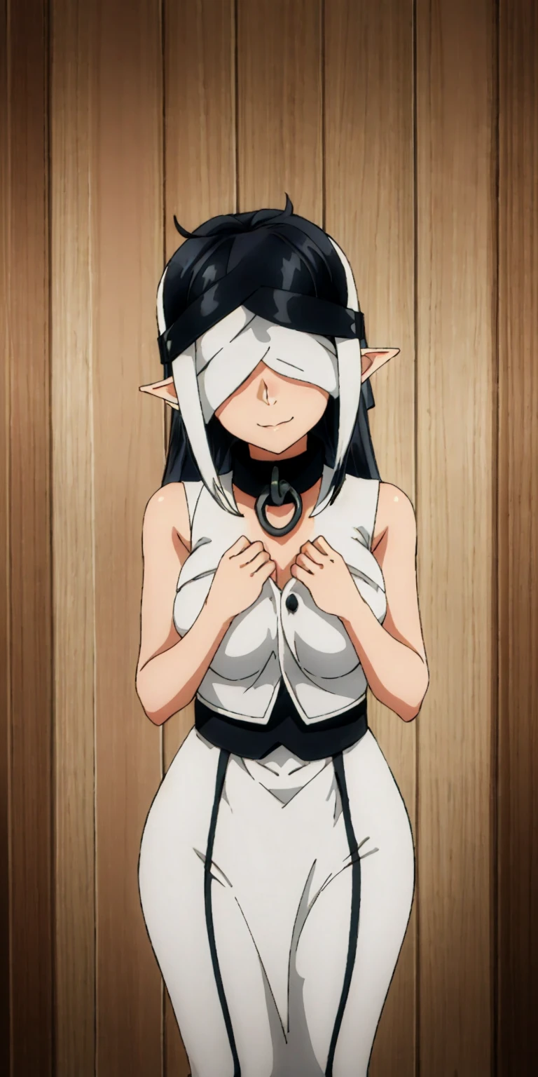 Appearance:
Race: Female Dark Elf
Skin: Dark
Eyes: Blindfolded
Expression: Smiling
Mouth: Closed
Body Type: Maternal
Chest: Large, covered with clothing
Pose:
Standing by a wooden pole, looking down at the viewer