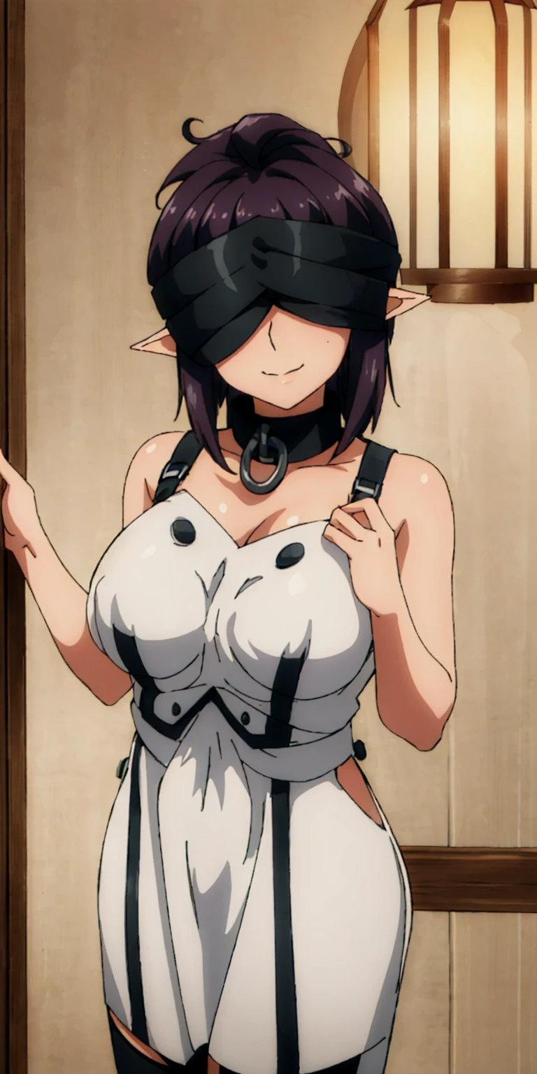 Appearance:
Race: Female Dark Elf
Skin: Dark
Eyes: Blindfolded
Expression: Smiling
Mouth: Closed
Body Type: Maternal
Chest: Large, covered with clothing
Pose:
Standing by a wooden pole, looking down at the viewer