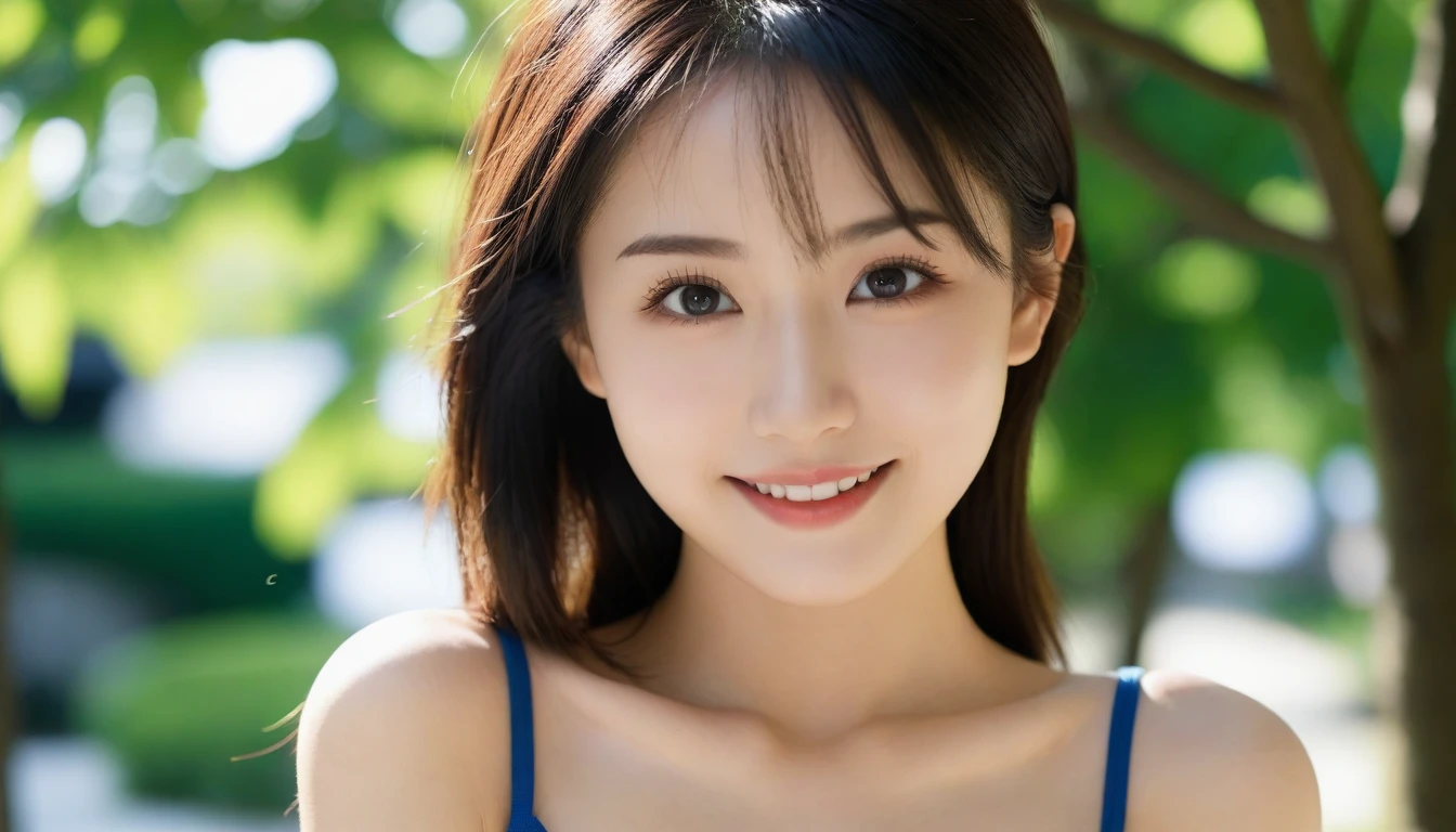 8k, Ultra-high resolution, Highest quality, masterpiece, 三分割法によるphotograph,Surreal, photograph, 1 Girl, (:1.3), pretty girl, Cute Face, Beautiful eyes in every detail, 細かくdetailedに,masterpiece,One Girl:1.2, Japan Female Announcer,extream close up,smile,Black Hair,Messy hair,street tree,Urban area,Young Wife,healthy,Summer knitwear,Décolletage,Natural Makeup,Beautiful clavicle,Realistic Skin, Perfect and beautiful face ,完璧でCute Face, Skin with attention to detail, Perfect limbs、Narrow waist、Thin legs),Looking at the audience、beauty,Long neck、(((Ideal body type))),A cup small breasts :2,Portraiture:2,Perfect Anatomy,鮮明なdetailed,detailed,Surreal,Light and shadow,dappled sunlight
