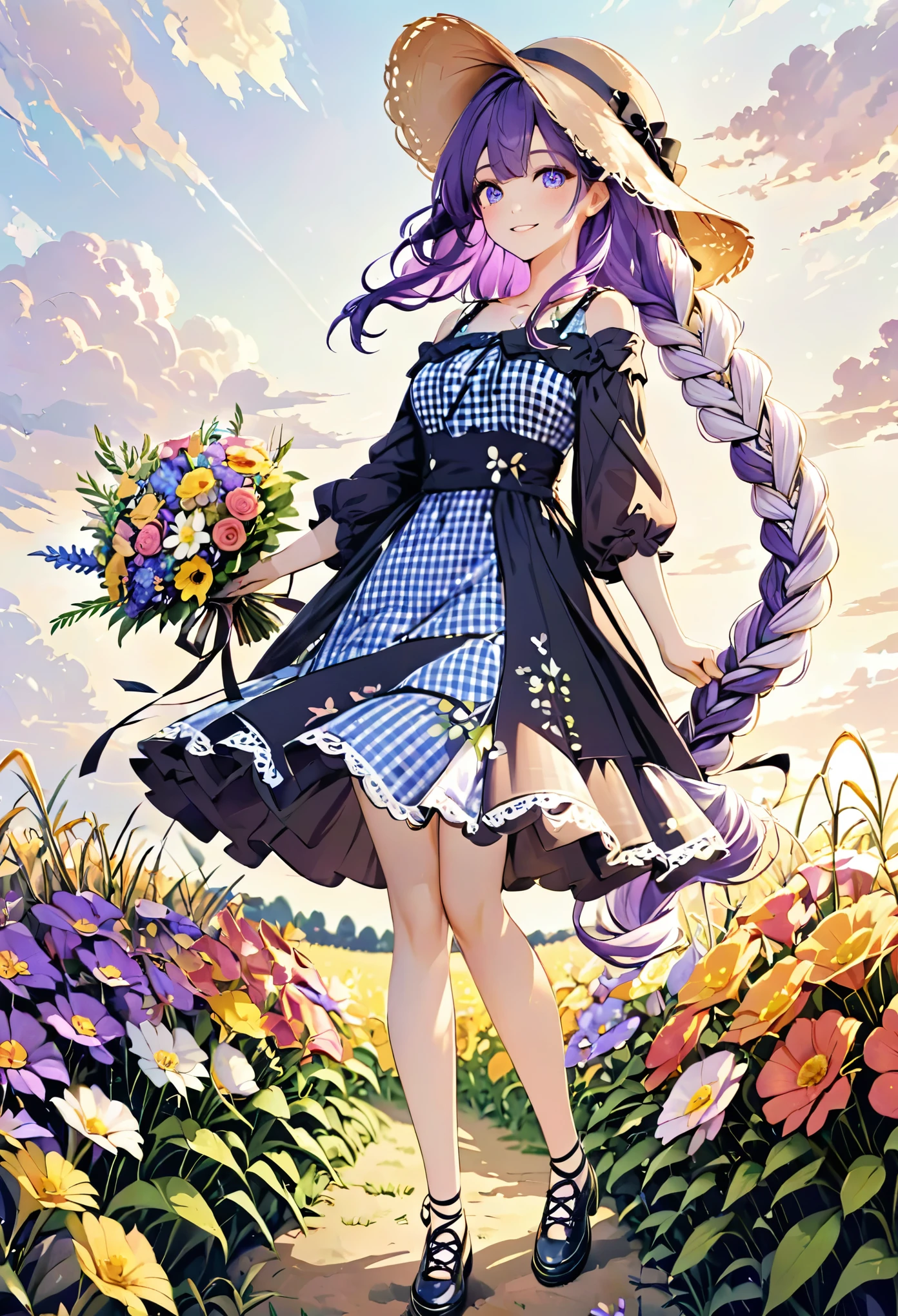 ((Very detailed), field, field, Lots of flowers, flowers, Rich gradation), ((Cinematic), Warm and soft lighting), ((Ultra-detailed, 1 girl), Very detailed, whole body, cute, hat, Straw hat, one girl, dress, standing, very long hair, relax, Beautiful legs, Off the shoulder, Braid, white hair, purple hair, violet hair, multicolored hair, Beautiful eyes drawn in detail, Checked Skirt, Checked dress, Gingham check, Lace-up shoes, bouquet, Join hands, smile))