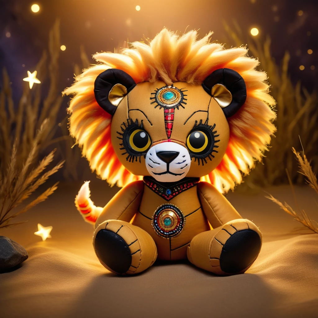 (knitted toy voodoo doll:1.8), (Voodoo Simba:1.3), (Clothing: golden fur with a majestic mane:1.0), (Accessories: enchanted lion cub paw, glowing pride rock, mystical animal friends:1.2), (background: African savannah with floating, glowing stars and magical light:1.2), best quality, masterpiece, detailed soft oil painting, detailed background, dramatic cinematic lighting, soft edge lighting, professional, dramatic lighting, hard edge lighting, ultra quality, 4k, masterpiece, best quality, 8k, ultra high definition, high resolution, extremely detailed