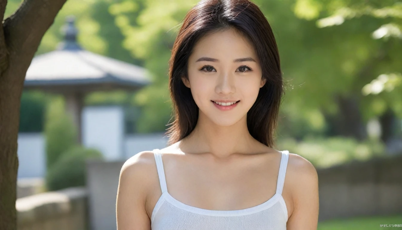 8k, Ultra-high resolution, Highest quality, masterpiece, 三分割法によるphotograph,Surreal, photograph, 1 Girl, (:1.3), pretty girl, Cute Face, Beautiful eyes in every detail, 細かくdetailedに,masterpiece,One Girl:1.2, Japan Female Announcer,extream close up,smile,Black Hair,Messy hair,street tree,Urban area,Young Wife,healthy,Summer knitwear,Décolletage,Natural Makeup,Beautiful clavicle,Realistic Skin, Perfect and beautiful face ,完璧でCute Face, Skin with attention to detail, Perfect limbs、Narrow waist、Thin legs),Looking at the audience、beauty,Long neck、(((Ideal body type))),A cup small breasts :2,Portraiture:2,Perfect Anatomy,鮮明なdetailed,detailed,Surreal,Light and shadow,dappled sunlight