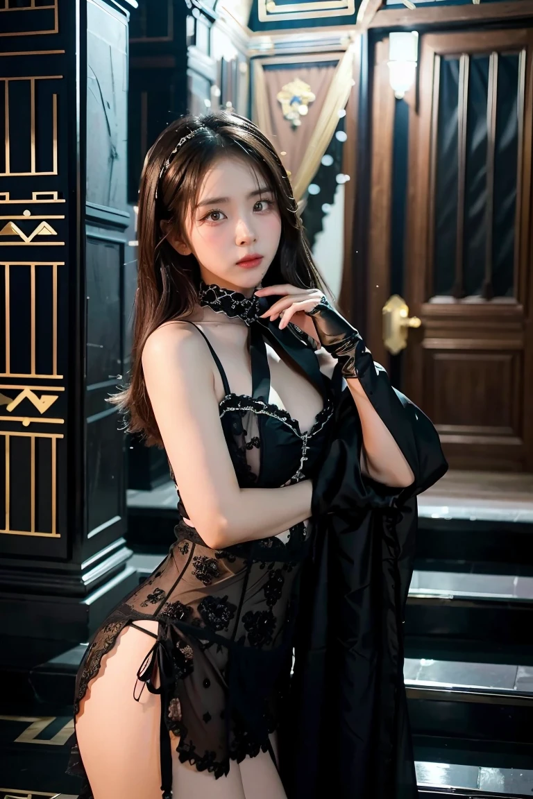 Create the image of a young girl of 20 years, Thai, cute, who has silver and bright eyes, he is a sorcerer, from the narix up he wears a black mask and wears black gala clothes, behind him, rising in the night, has a Victorian mansion of stone. NIGHT SCENE  