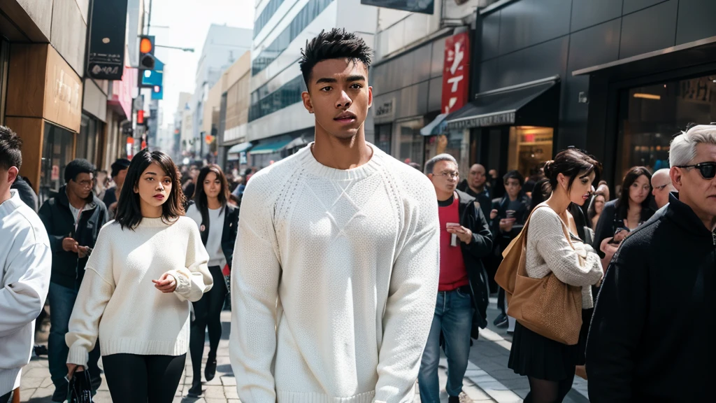 ((Rui, black male, 22 years old, handsome, strong built)) ((Wearing square design printed white sweater)) walking through a busy street, blending into the crowd, yet lost in their thoughts, representing feeling overwhelmed by the chaos.