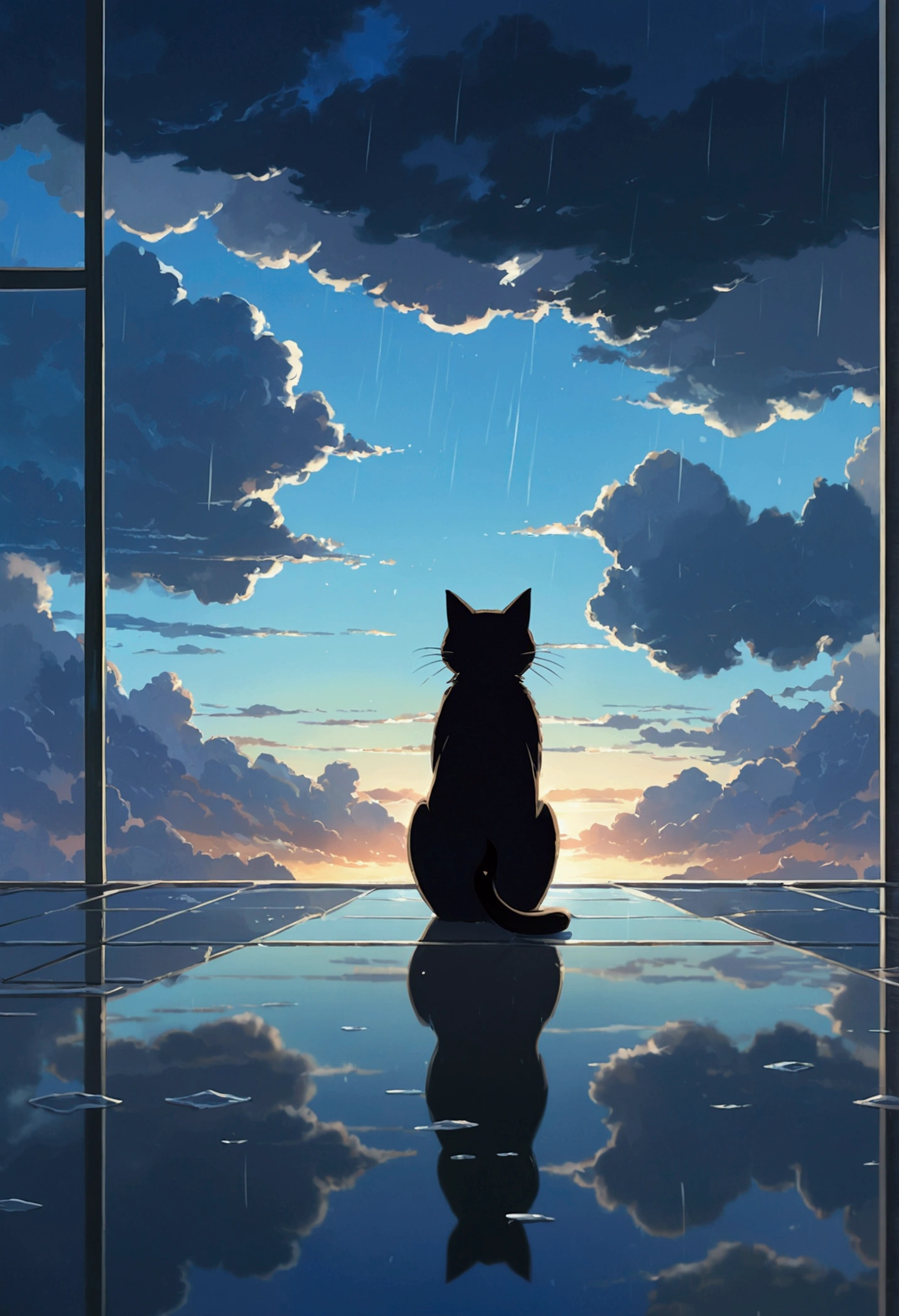 Makoto Shinkai taste, cloudy sky, reflection of light, black cat, after rain, romantic scene, healing scene, rainy day, hope, dark fantasy, light coming from the sky