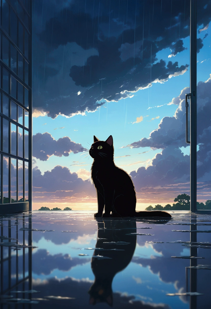 Makoto Shinkai taste, cloudy sky, reflection of light, black cat, after rain, romantic scene, healing scene, rainy day, hope, dark fantasy, light coming from the sky