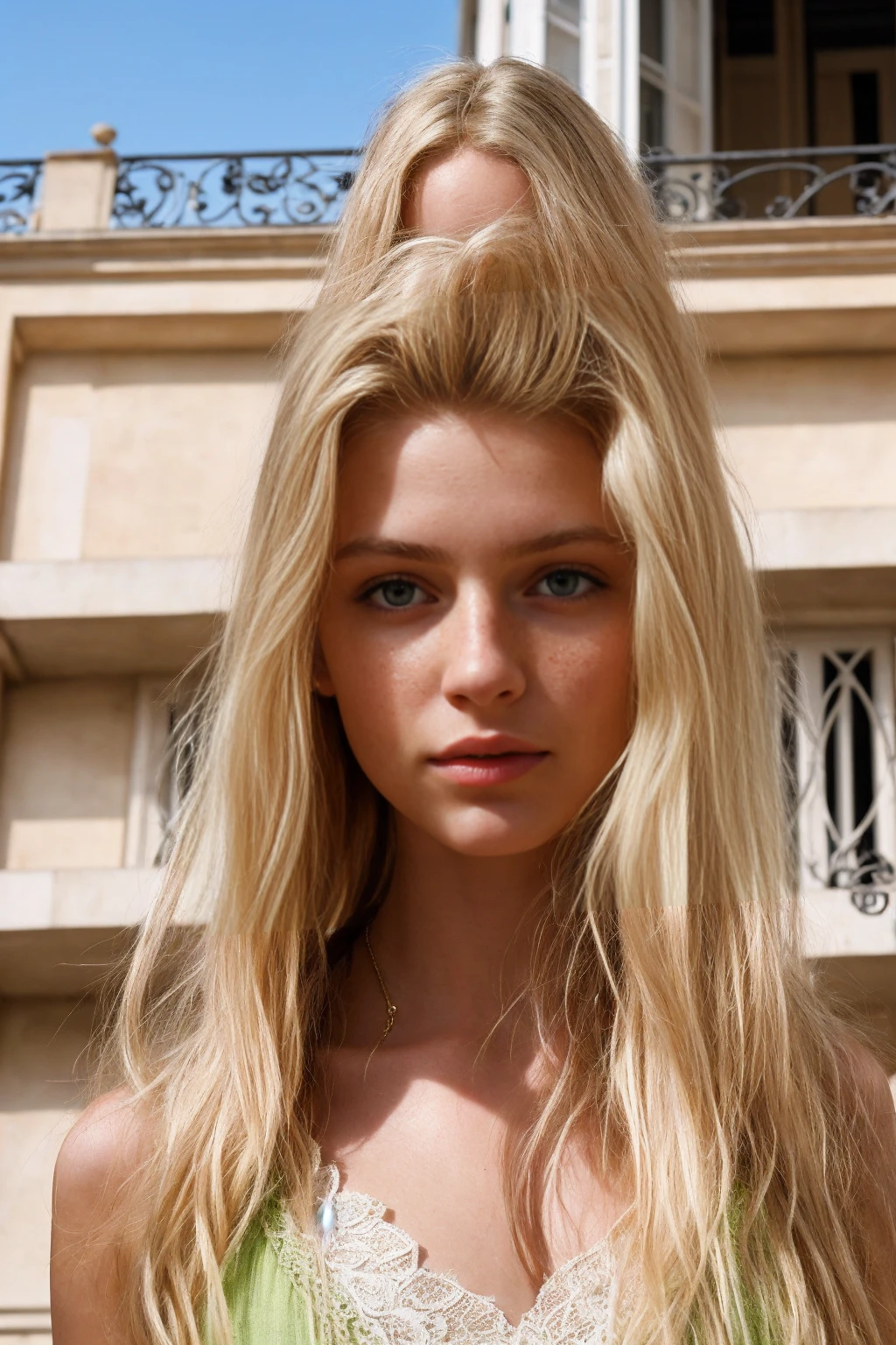 Photo sur un balcon à Paris, une fille de 20 ans super réaliste, longs cheveux blonds, poitrine large et prononcée, yeux verts, une poupée