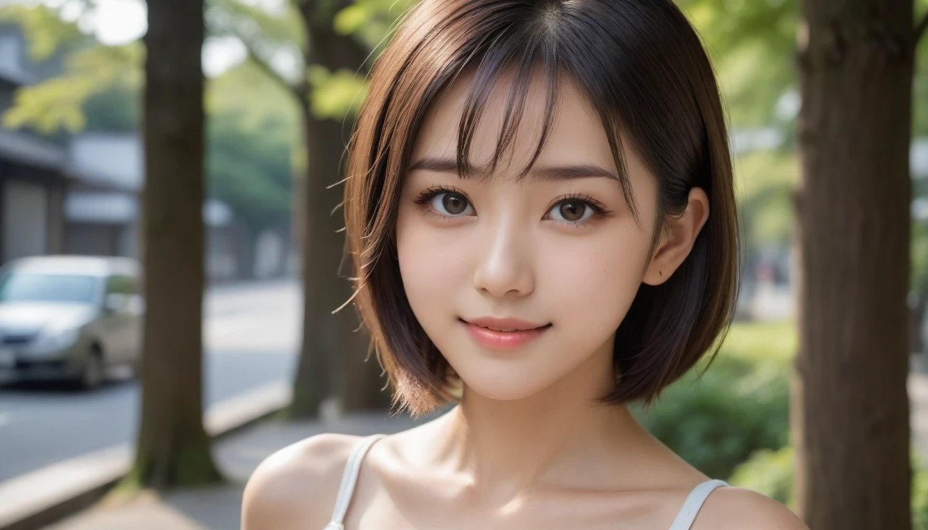 8k, Ultra-high resolution, Highest quality, masterpiece, 三分割法によるphotograph,Surreal, photograph, 1 Girl, (:1.3), pretty girl, Cute Face, Beautiful eyes in every detail, 細かくdetailedに,masterpiece,One Girl:1.2, Japan Female Announcer,extream close up,smile,Black Hair,Messy hair,street tree,Urban area,Young Wife,healthy,Summer knitwear,Décolletage,Natural Makeup,Beautiful clavicle,Realistic Skin, Perfect and beautiful face ,完璧でCute Face, Skin with attention to detail, Perfect limbs、Narrow waist、Thin legs),Looking at the audience、beauty,Long neck、(((Ideal body type))),A cup small breasts :2,Portraiture:2,Perfect Anatomy,鮮明なdetailed,detailed,Surreal,Light and shadow,dappled sunlight