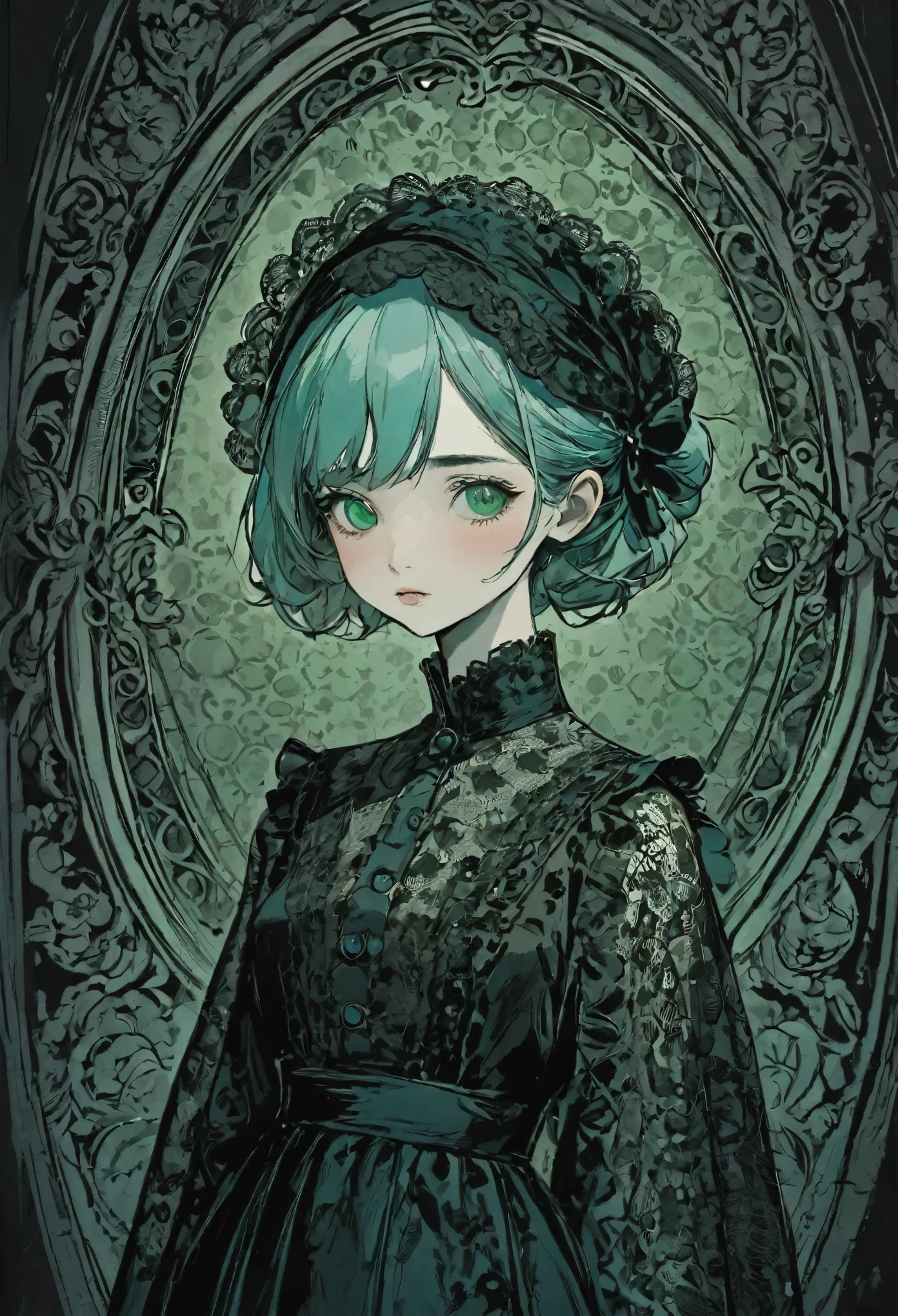 five-panel comic, gothic girl, big eyes, detailed linework, black and white, elegant dress, vintage lace, dark background, melancholic mood, big speech bubbles, baroque influences, thin pen lines, screen tones, dot shading, selective coloring, red, light green, light blue, Japanese manga style