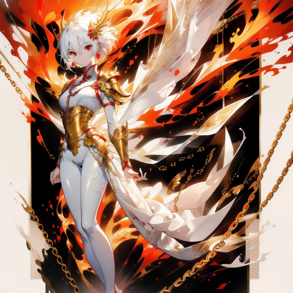 ((masterpiece, best quality)), Delicate face，Dragon Rider，Golden Chinese Dragon，Standing picture，whole body，Perfect body proportions，Long legs，Handsome short hair，Nice red eyes，Fantasy style，White background，Extremely beautiful，transparent，Pure white armor，Flame Surround，chain