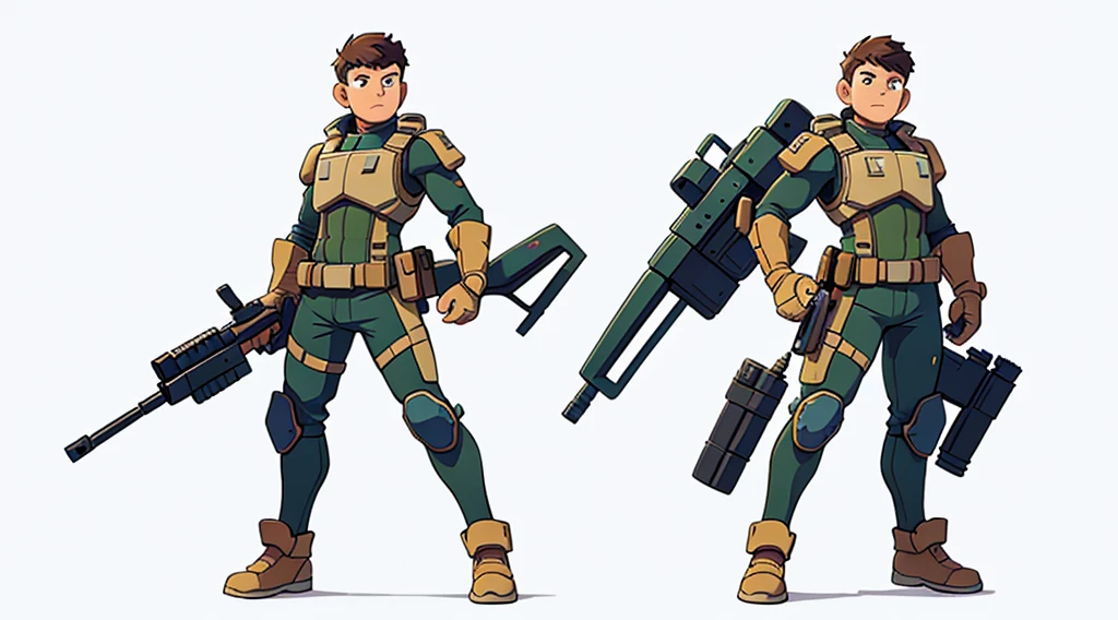 illustration of a full armed and protector soldier man standing, holding gun, hd, full body shot, clear white background

