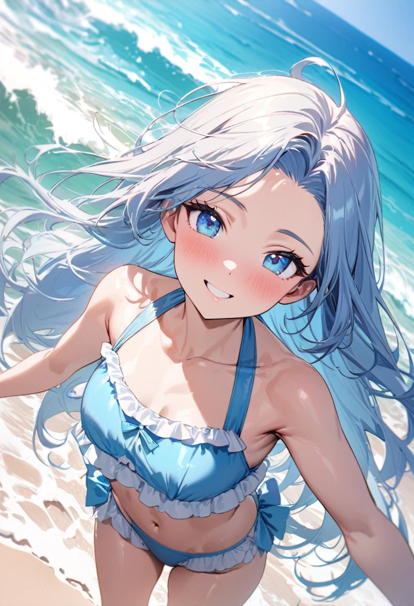 (pov lovely swimsuit style) (beautiful body), (solo:2,  yo, forehead blue hair long hair lovely girl, cute blue eyes, glossy lip, love smile), (in a cute Layered frills blue bikini swimsuit), break, in the sunshine beach, background beautiful ocean, Double Exposure beautiful glow, BREAK, perfect anatomy, masterpiece, best quality, 16k, beautiful detailed love, sexy, daydreaming expression.