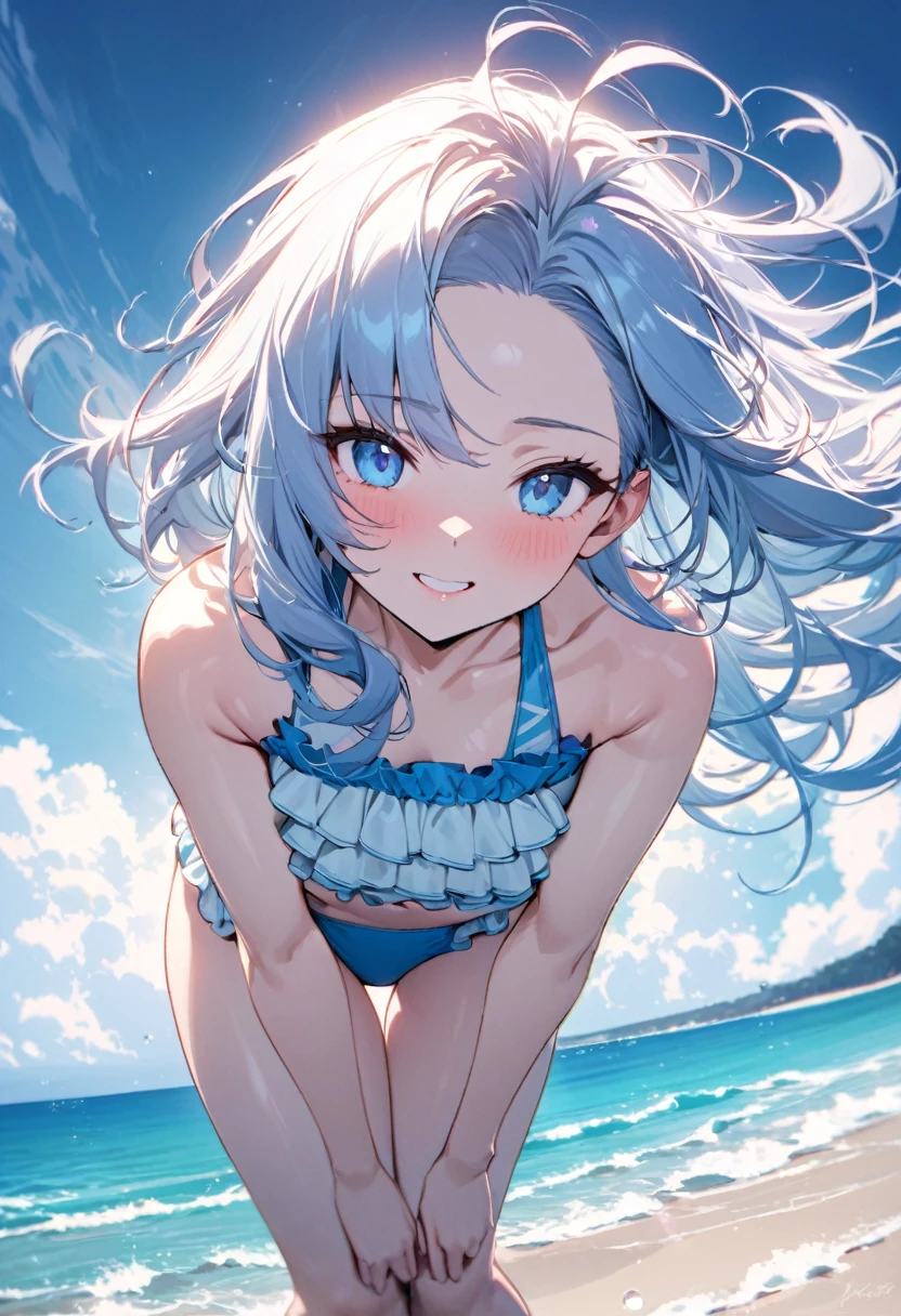 (pov lovely swimsuit style) (beautiful body), (solo:2, 15 yo, forehead blue hair long hair lovely girl, cute blue eyes, glossy lip, love smile), (in a cute Layered frills blue bikini swimsuit), break, in the sunshine beach, background beautiful ocean, Double Exposure beautiful glow, BREAK, perfect anatomy, masterpiece, best quality, 16k, beautiful detailed love, sexy, daydreaming expression.