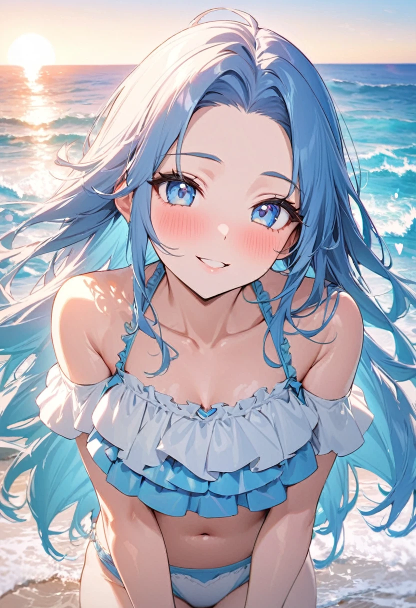 (pov lovely swimsuit style) (beautiful body), (solo:2, 15 yo, forehead blue hair long hair lovely girl, cute blue eyes, glossy lip, love smile), (in a cute Layered frills blue bikini swimsuit), break, in the sunshine beach, background beautiful ocean, Double Exposure beautiful glow, BREAK, perfect anatomy, masterpiece, best quality, 16k, beautiful detailed love, sexy, daydreaming expression.