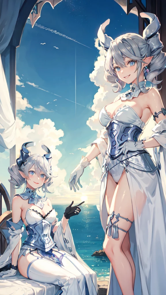 Beautiful arts wallpaper Sunset Outside castle top  High level image quality　best image quality　8K　 adult woman   silver castle outside  more colors   whole body view　portrait　 bikini blue   　horn    ears  　short hair（（shortcut）（gray hair）（perm）（fluffy））　eye color is blue ,  , 　attractive evil face , smile      ,  labrynth ,  barearm  ,gloves   , wearing pink   , sitting , 