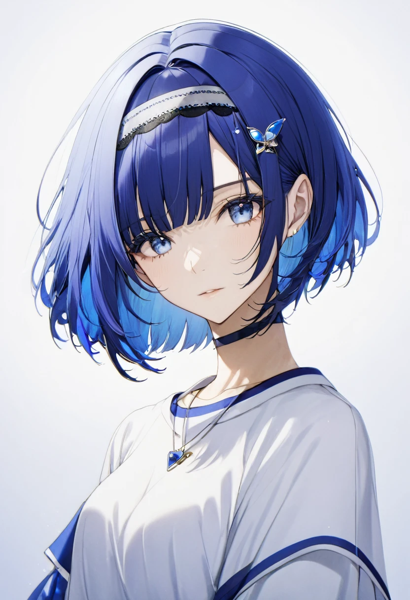 blue hair,blue eyes,short hair,jewelry hairband, short hair, bob cut