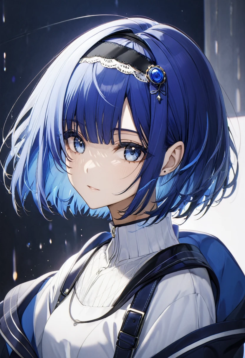 blue hair,blue eyes,short hair,jewelry hairband, short hair, bob cut