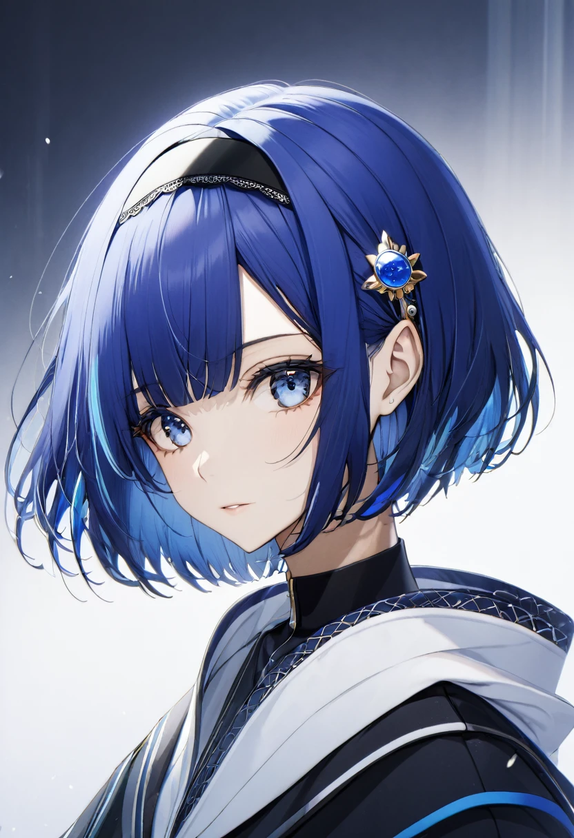 blue hair,blue eyes,short hair,jewelry hairband, short hair, bob cut