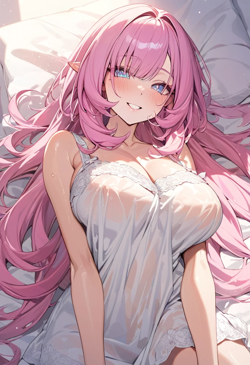 elysia, long pink hair, beautiful face,smiling,close up to hips, moderate breast, laying on bed, wearing beautiful white sleepwear, (open mouth:0.4),illustration,detailed textures(realists),ultra-detailed,portrait style,vivid colors,soft lighting, blushing, mature, no bras, slightly wet,big breast