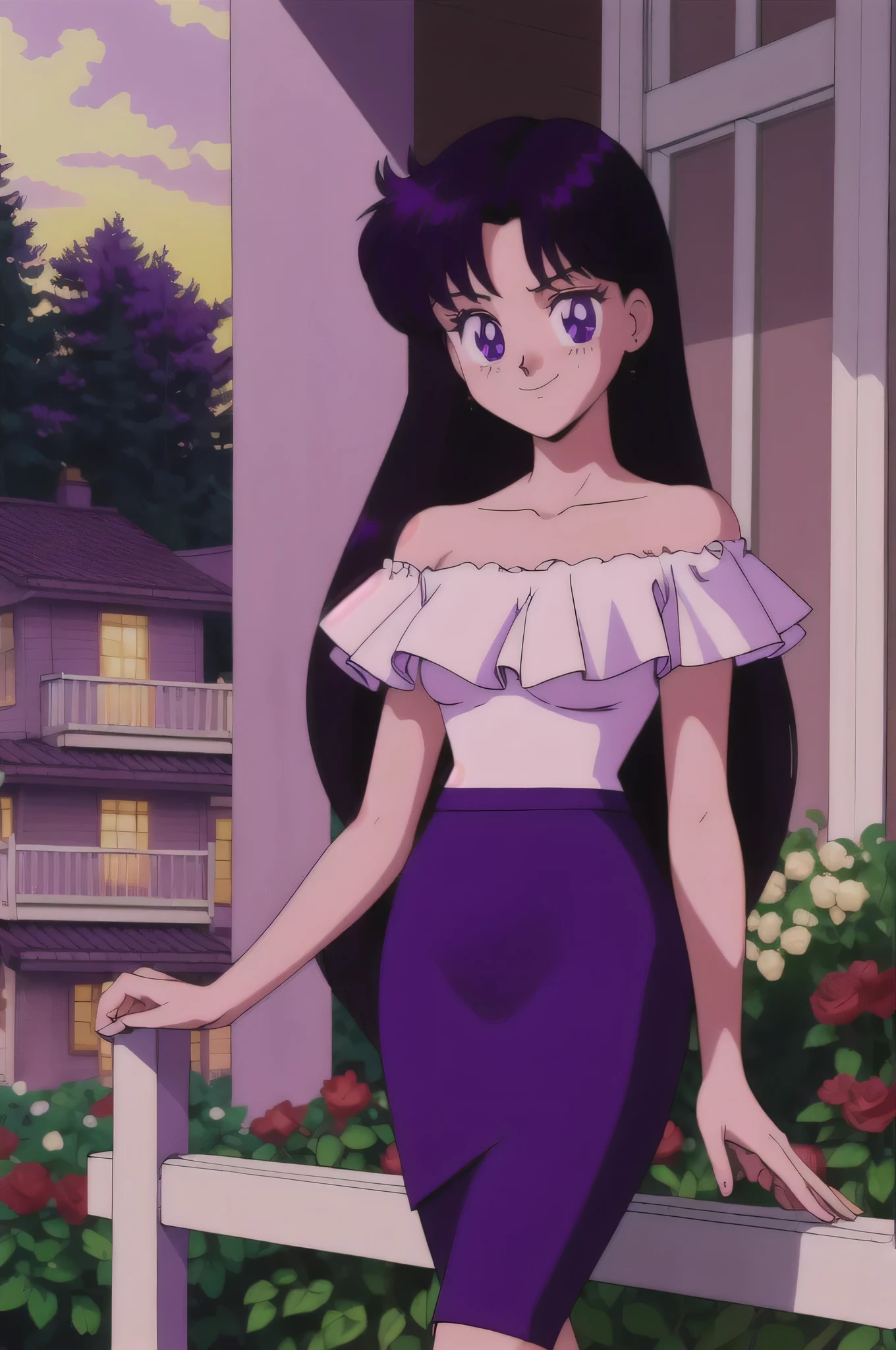 (retro anime girl:1.2), (masterpiece:1.2), (best quality), (ultra detailed), (8k,4k), (half body:1.2), (cowboy:1.2), (close up:1.2), (highly detailed:1.2), (White Ruffle Off-the-shoulder top:1.4), (purple skin tight pencil skirt:1.4), Rei Hino, 1 girl, solo, Best quality, masterpiece, High Definition, Teenager, Purple Eyes, Beautiful Detail Eyes, Black Hair, Long Hair, Good hands at sides, Seductive Smile, Blushing, Bare Neck, Bare Arms, Bare Shoulders, short sleeve, Strapless, White Ruffle Off-the-Shoulder Top, purple skin tight pencil skirt, standing at the railing in her garden, looking at viewers, garden, sunset skies, rose bushes, outdoor gazebo