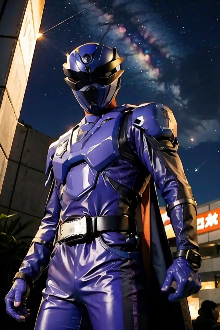 starry sky with the constellations of the zodiac, shades of purple as if they were nebulae, vast space, cyberpunk city at the bottom, , power suit, powerranger, suit, spd, (Power ranger suit), gold detail, masked,