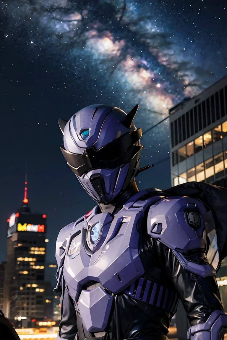 starry sky with the constellations of the zodiac, shades of purple as if they were nebulae, vast space, cyberpunk city at the bottom,   , power suit, powerranger, suit, spd, (Power ranger suit), gold detail, masked,
