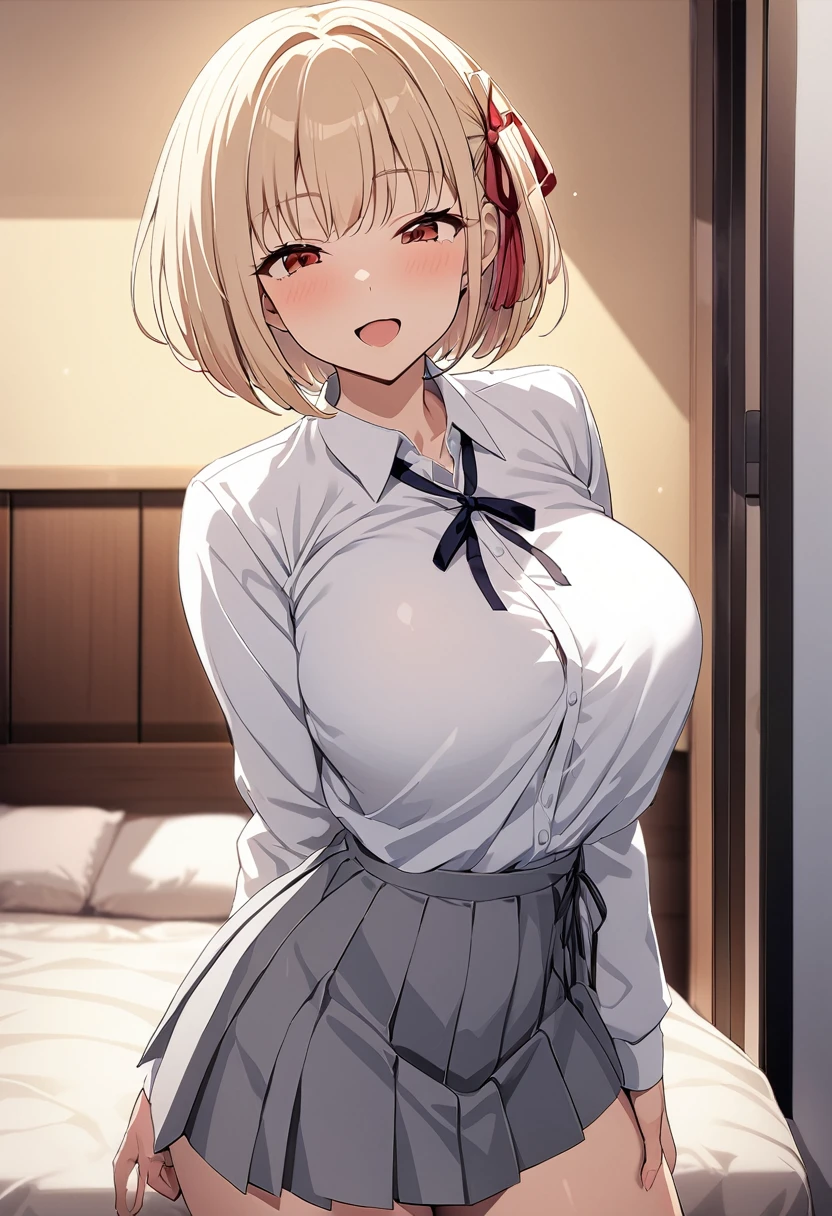 masterpiece, Highest quality, One Girl, game cg  nishikigi chisato, Bobcut, Hair Ribbon, White shirt、 Grey pleated skirt,Thin tie ribbon, Long sleeve, Large Breasts, Bedroom, Wink, Are standing,Open your mouth、 smile、From the side:0.5、Eyes half closed